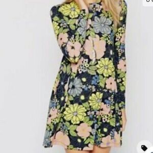 NWT ASOS Long Sleeve Floral Swing Dress Metro Crewneck Pink Yellow Floral Size 4